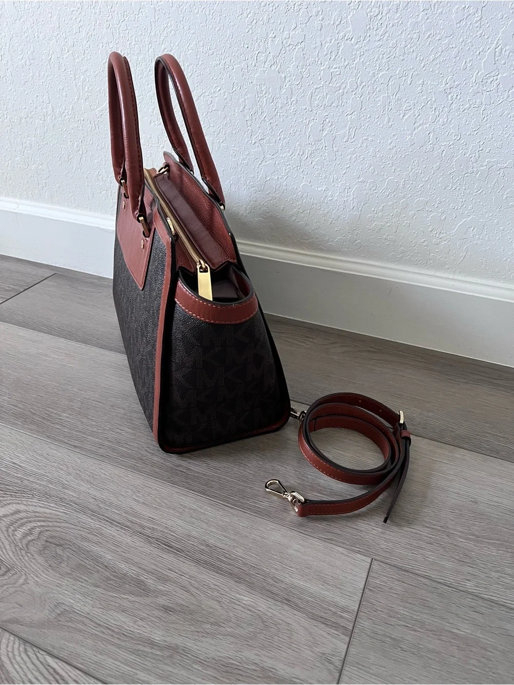 Michael Kors Signature MK Monogram Satchel Crossbody Bag Brown Luggage